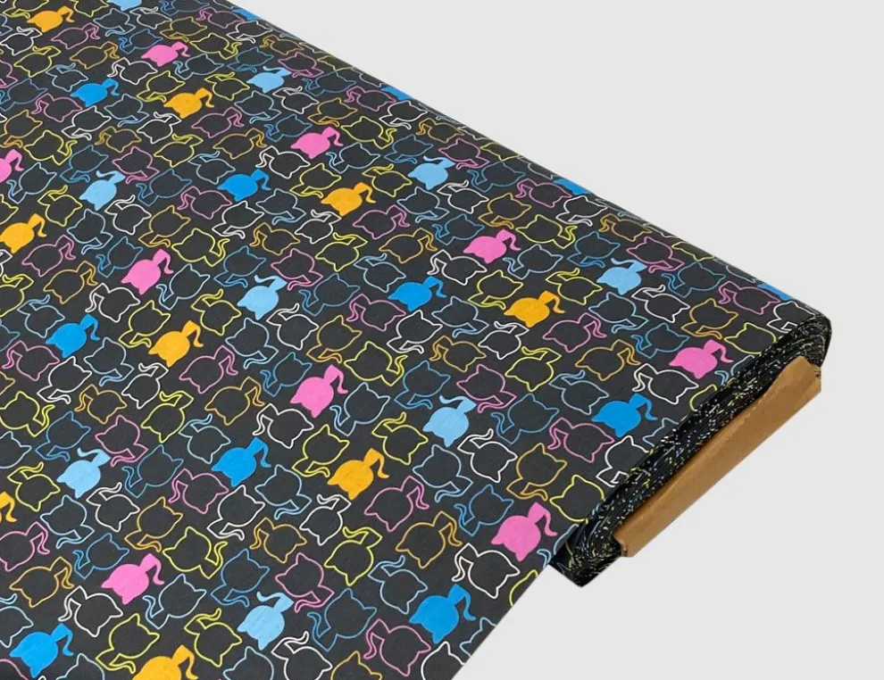 Dekostoff Katzen Schwarz, Bunt