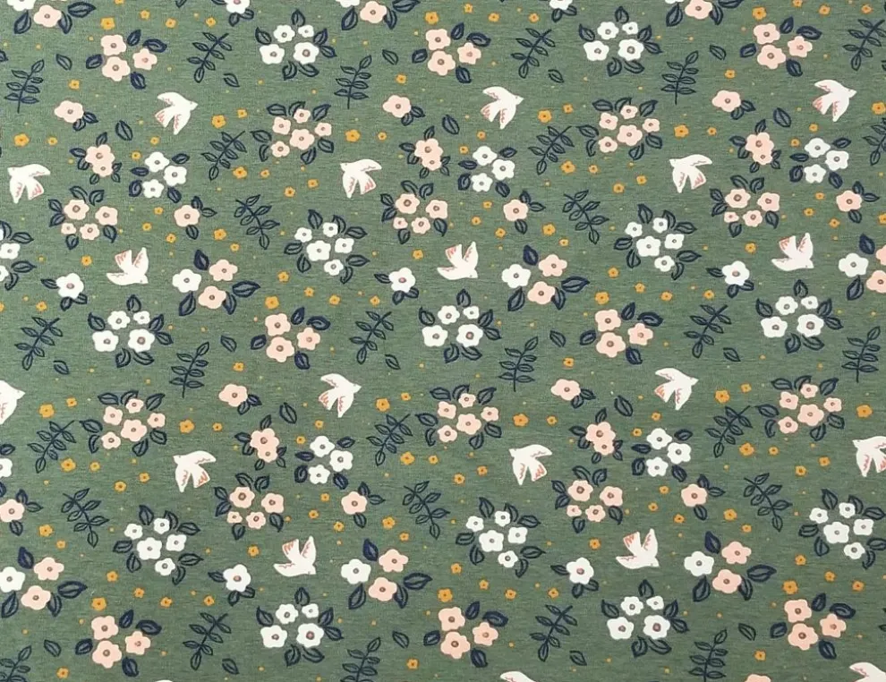 Jerseystoff Blumen Olivgrün