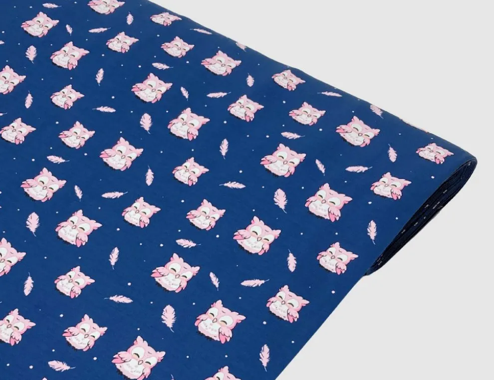 Jerseystoff Eulen Dunkelblau, Rosa