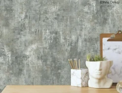 Papiertapete Beton Grün, Silber
