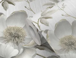 Papiertapete Große Blüten Beige, Grau