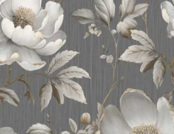 Papiertapete Große Blüten Beige, Anthrazit