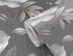 Papiertapete Große Blüten Beige, Anthrazit