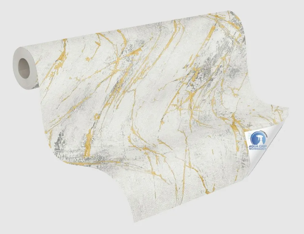 Vorgeleimte Vliestapete Marmor Weiß, Gold